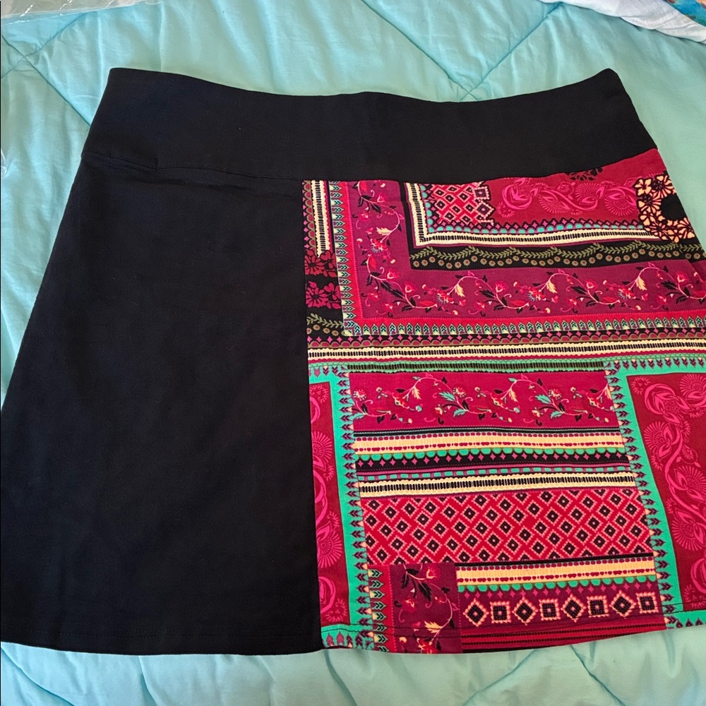 Black and Bright Colored Patchwork Print Skirt by Coline, Large NWT